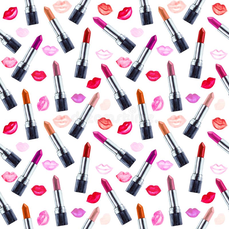 Seamless watercolor pattern with lipstick, aquarelle colored lipstick. Hand drawn cosmetics background. Fashion glamour pattern. Illustration for your design. Seamless watercolor pattern with lipstick, aquarelle colored lipstick. Hand drawn cosmetics background. Fashion glamour pattern. Illustration for your design