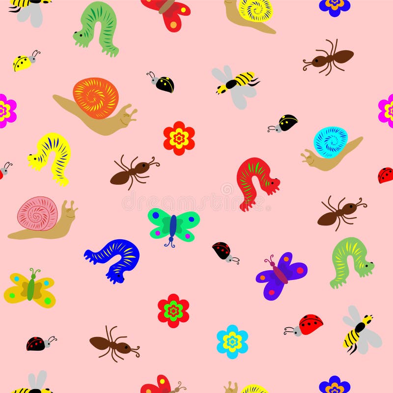 Bezszwowy dziecko rysunku wzór Śmieszni Doodle insekty, ślimaczki i gąsienica, Doskonalić projekt dla dzieci royalty ilustracja Bezszwowy dziecko rysunku wzór Śmieszni Doodle insekty, ślimaczki i gąsienica, Doskonalić projekt dla dzieci royalty ilustracja