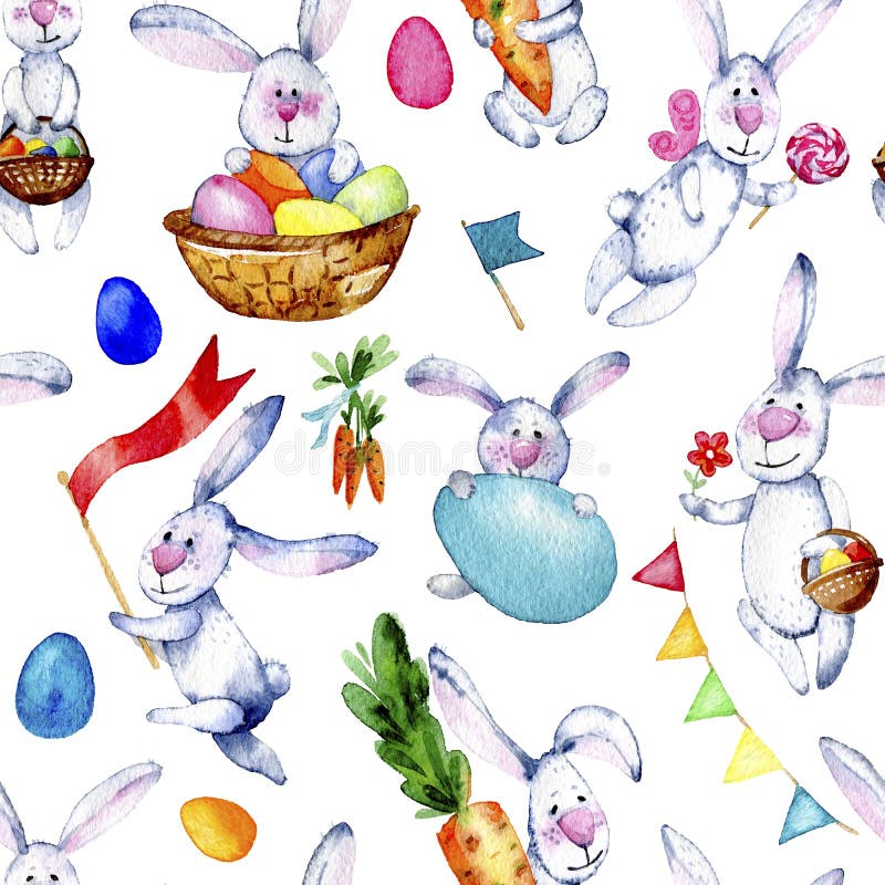 Bezszwowy Easter królików wzór Akwareli ilustracja na białym tle Wzór z kreskówek bannies, jajka, marchewki, cukierek royalty ilustracja