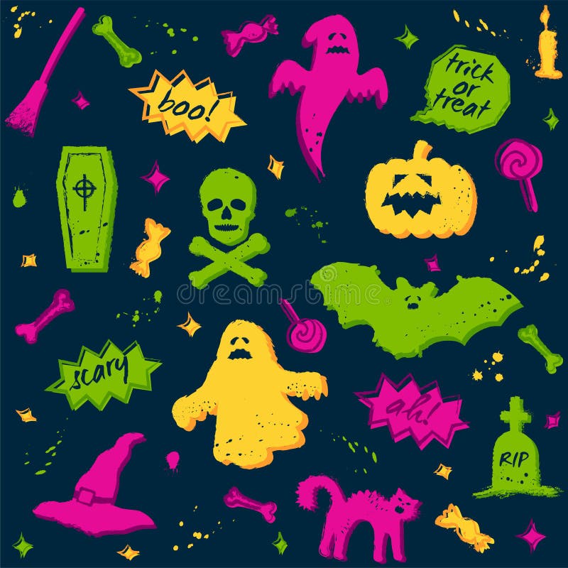 Bezszwowy Halloween wzór z kolorowymi elementami na zmroku royalty ilustracja Bezszwowy Halloween wzór z kolorowymi elementami na zmroku royalty ilustracja