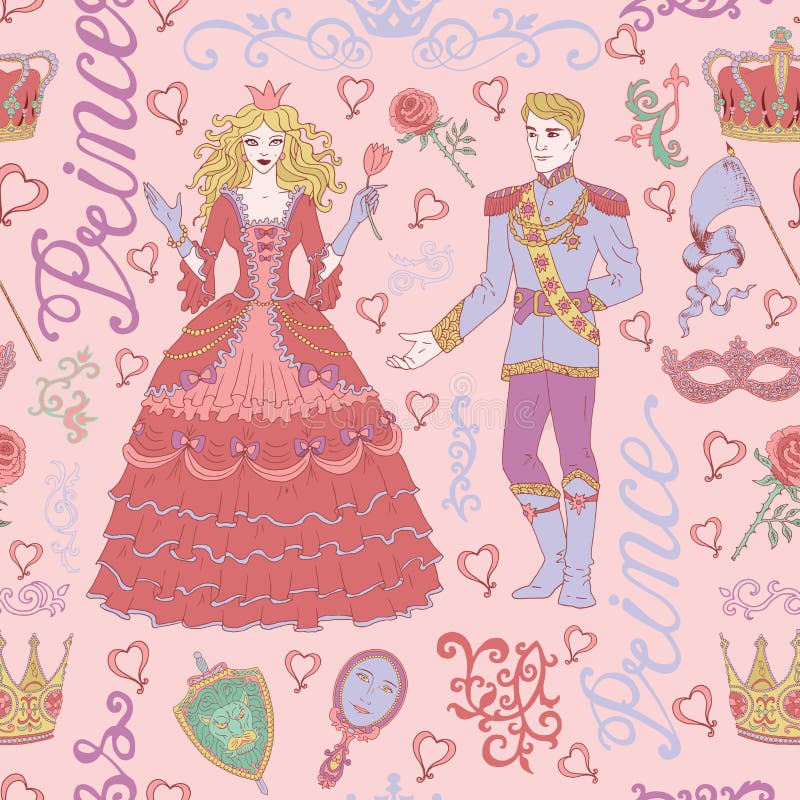 Bezszwowy kolorowy tło z książe i princess na menchiach ilustracji