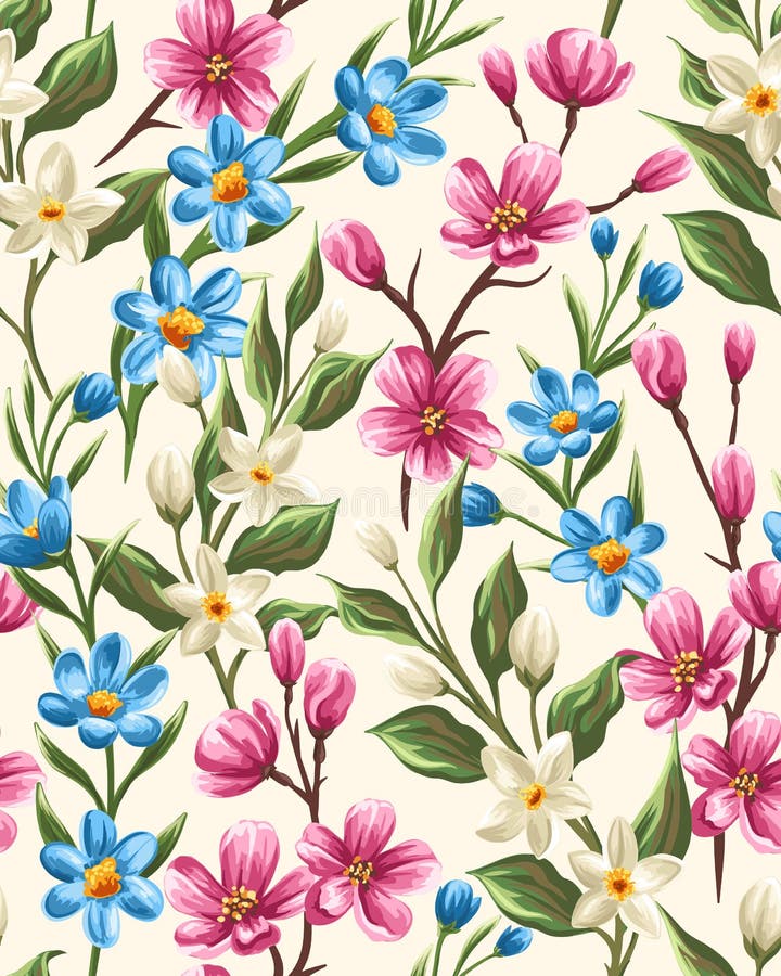 Floral seamless pattern with gentle spring pink, beige and blue flowers. Floral seamless pattern with gentle spring pink, beige and blue flowers