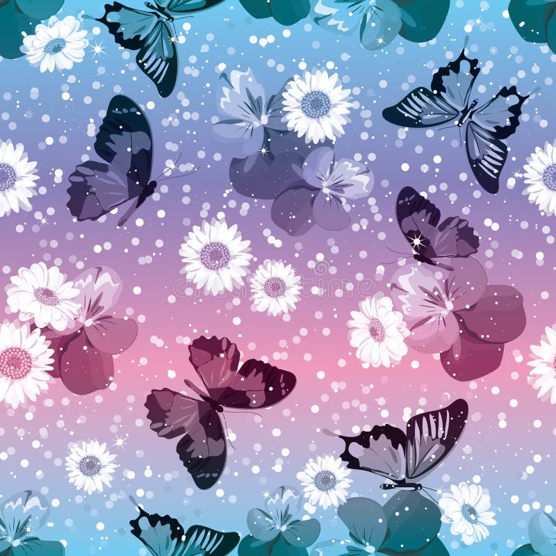bezszwowy kwiecisty wzoru Pansies z chamomiles, buttrflies na błyskotania różowym i błękitnym tle również zwrócić corel ilustracj ilustracji bezszwowy kwiecisty wzoru Pansies z chamomiles, buttrflies na błyskotania różowym i błękitnym tle również zwrócić corel ilustracj ilustracji