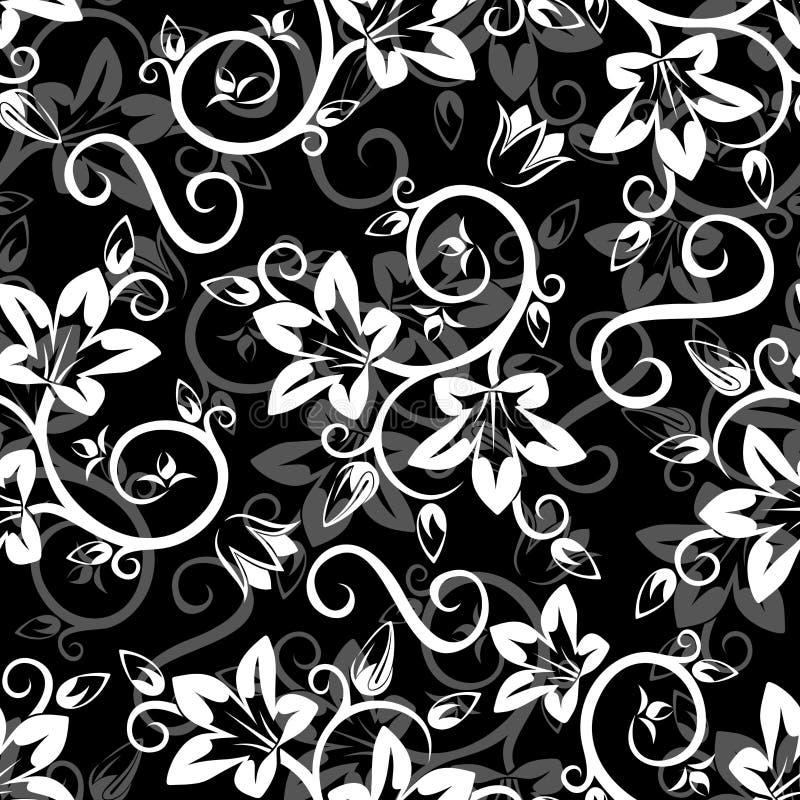 Vector Seamless background with white and grey flower pattern on a black background. Vector Seamless background with white and grey flower pattern on a black background.