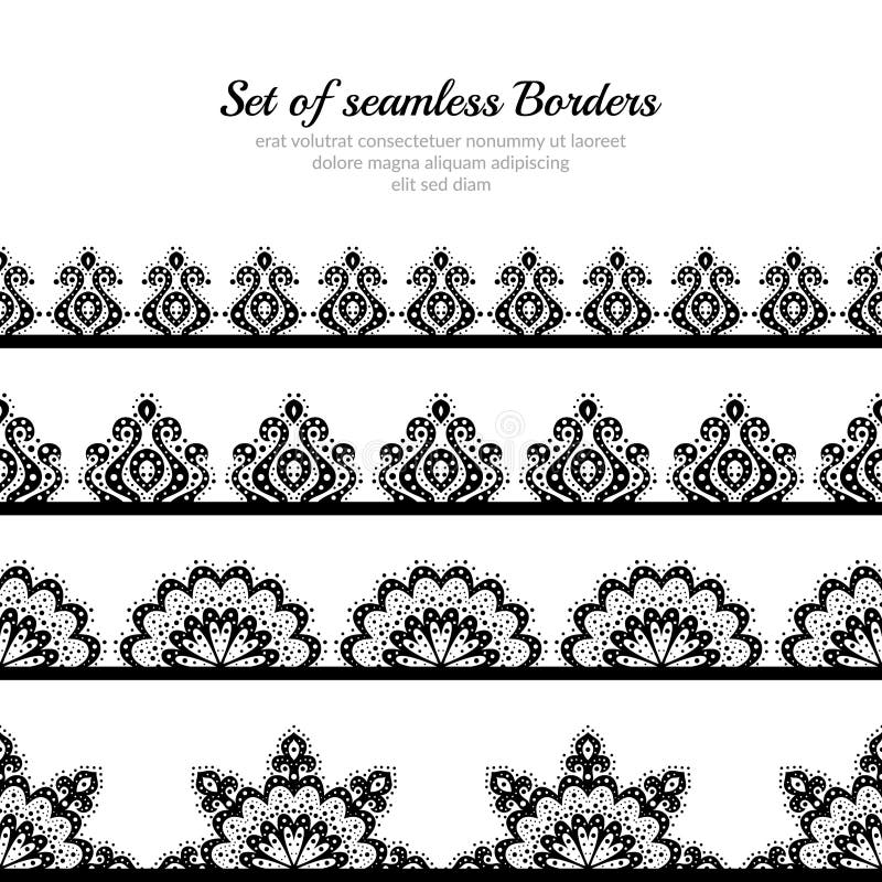 Bezszwowy set granicy w rocznika stylu Wzory kwiaty i kędziory royalty ilustracja Bezszwowy set granicy w rocznika stylu Wzory kwiaty i kędziory royalty ilustracja