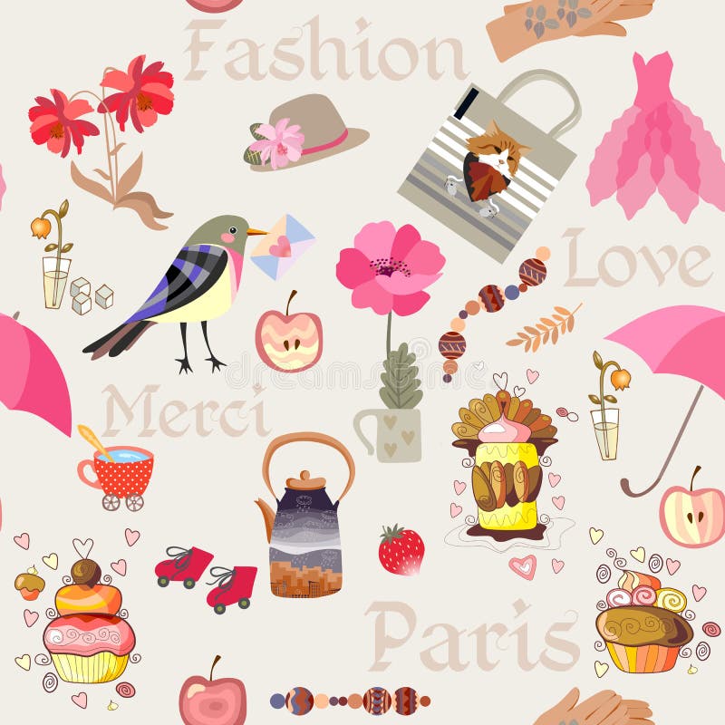 Bezszwowy tło z ślicznymi kreskówka elementami na moda temacie royalty ilustracja Bezszwowy tło z ślicznymi kreskówka elementami na moda temacie royalty ilustracja