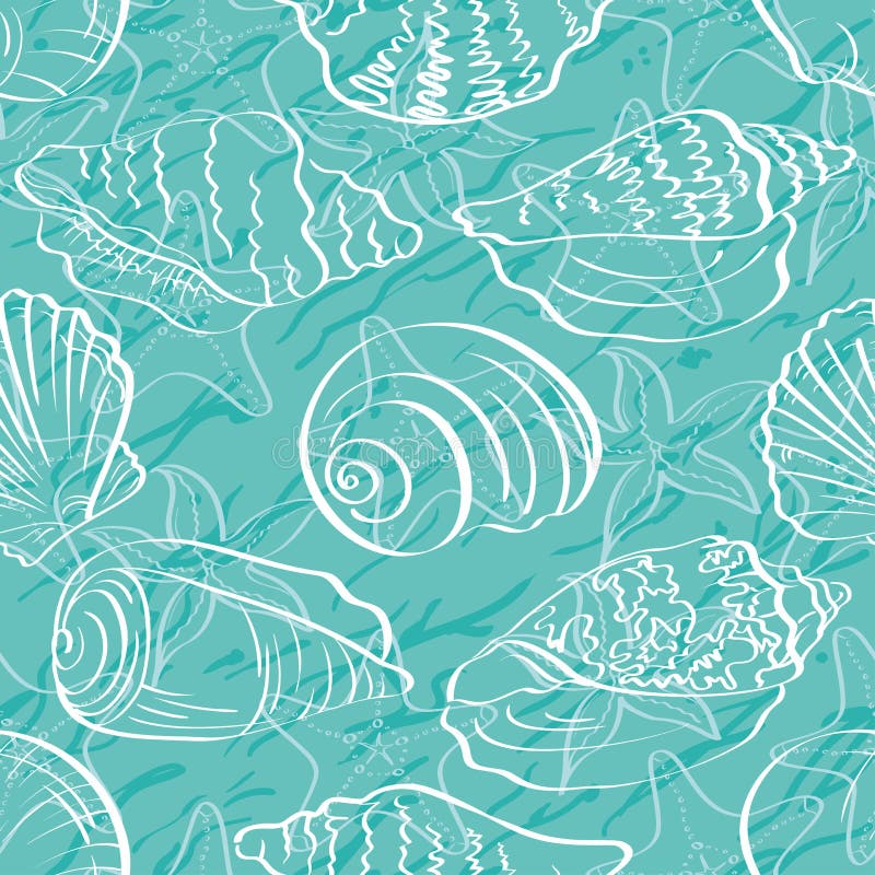 Bezszwowy tło, konturów seashells ilustracji