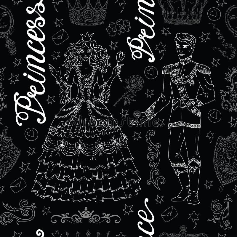 Bezszwowy tło z sylwetkami książe i princess na czerni ilustracji