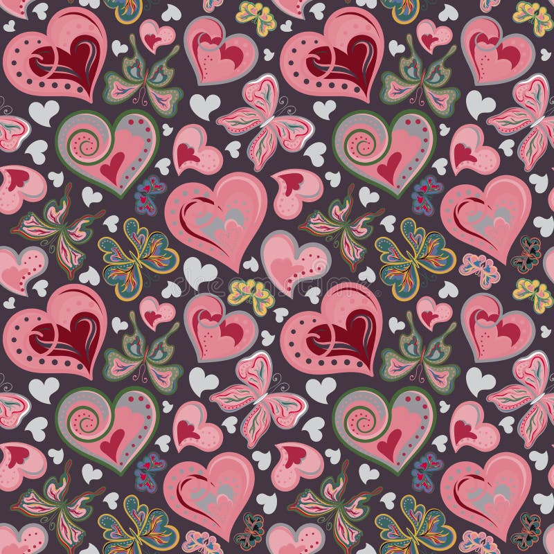 Bezszwowy valentine wzór z kolorowymi roczników różowymi i brown motylami, kwiaty, serca na czarnym tle wektor ilustracji Bezszwowy valentine wzór z kolorowymi roczników różowymi i brown motylami, kwiaty, serca na czarnym tle wektor ilustracji
