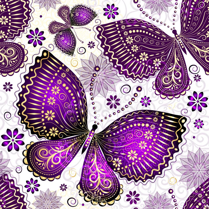 Seamless spring transparent pattern with violet-gold butterflies and flowers (vector EPS 10). Seamless spring transparent pattern with violet-gold butterflies and flowers (vector EPS 10)