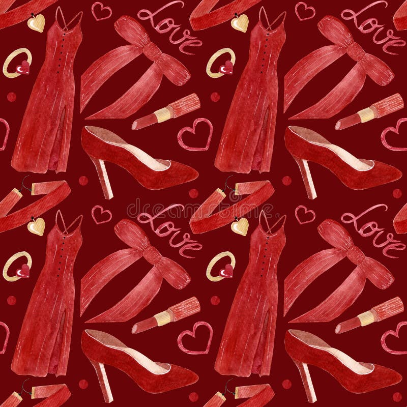 Seamless watercolor bright pattern, various women stylish accessories, clothes, jewellery in red colors on red background. Pattern foe Valentine&#x27;s day, girls products, ect. Seamless watercolor bright pattern, various women stylish accessories, clothes, jewellery in red colors on red background. Pattern foe Valentine&#x27;s day, girls products, ect.