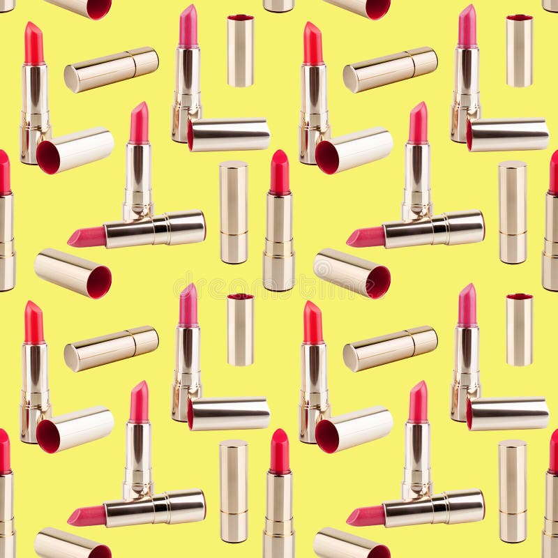 Seamless pattern of red lipstick in golden tube on yellow background isolated, shiny gold open and closed pink lipsticks, cosmetics accessory set, trendy make up wallpaper, beauty fashion art backdrop. Seamless pattern of red lipstick in golden tube on yellow background isolated, shiny gold open and closed pink lipsticks, cosmetics accessory set, trendy make up wallpaper, beauty fashion art backdrop