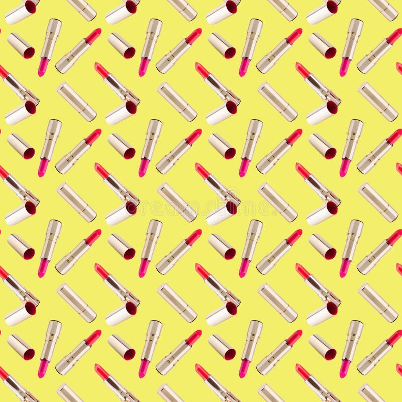 Seamless pattern of red lipstick in golden tube on yellow background isolated, shiny gold open and closed pink lipsticks, cosmetics accessory set, trendy make up wallpaper, beauty fashion art backdrop. Seamless pattern of red lipstick in golden tube on yellow background isolated, shiny gold open and closed pink lipsticks, cosmetics accessory set, trendy make up wallpaper, beauty fashion art backdrop
