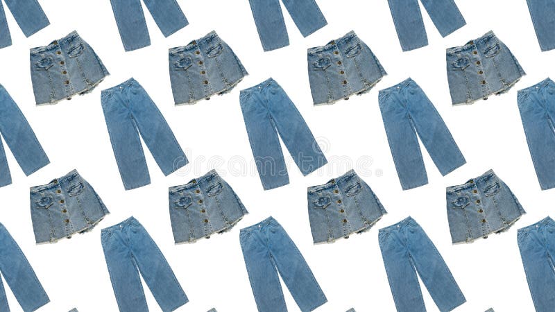 Seamless pattern of denim trousers and skirts  on a white background. Summer denim clothing. Seamless pattern of denim trousers and skirts  on a white background. Summer denim clothing