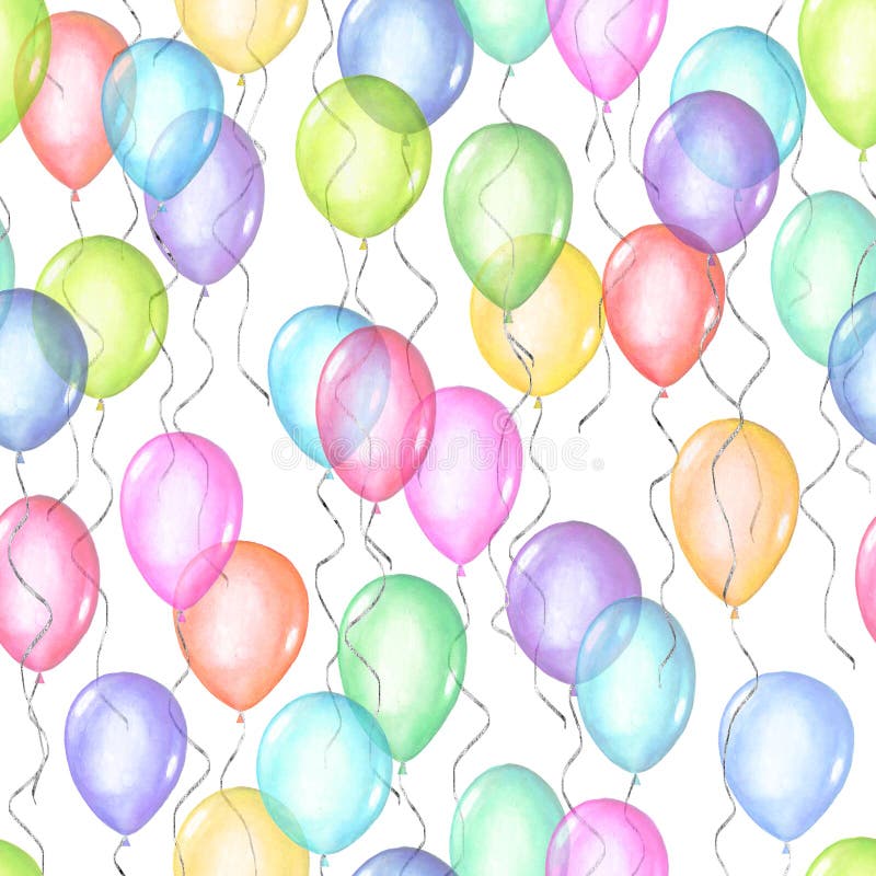 Seamless pattern of colorful rainbow colors watercolor happy holiday glossy helium air flying balloons on white background. Watercolour hand drawn festive birthday anniversary illustration. Seamless pattern of colorful rainbow colors watercolor happy holiday glossy helium air flying balloons on white background. Watercolour hand drawn festive birthday anniversary illustration