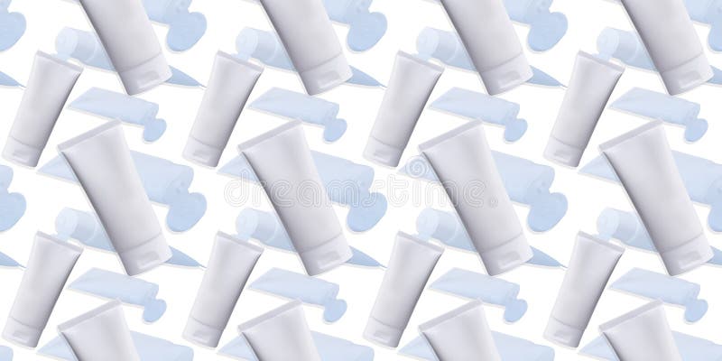 Seamless pattern of skincare cosmetic packaging product on white background. Medical serum, collagen or cleansing lotion. Seamless pattern of skincare cosmetic packaging product on white background. Medical serum, collagen or cleansing lotion