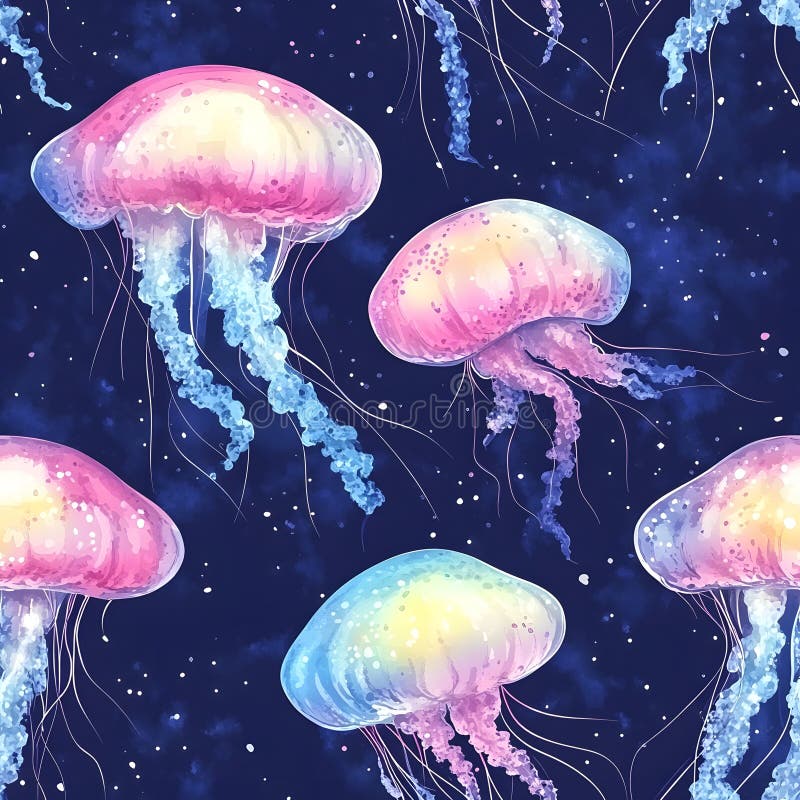Bezszwowy wzór meduzy w kolorze pastelowym z błyszczącymi mackami ustawionymi na kosmicznym głębinowym tle. ilustracji