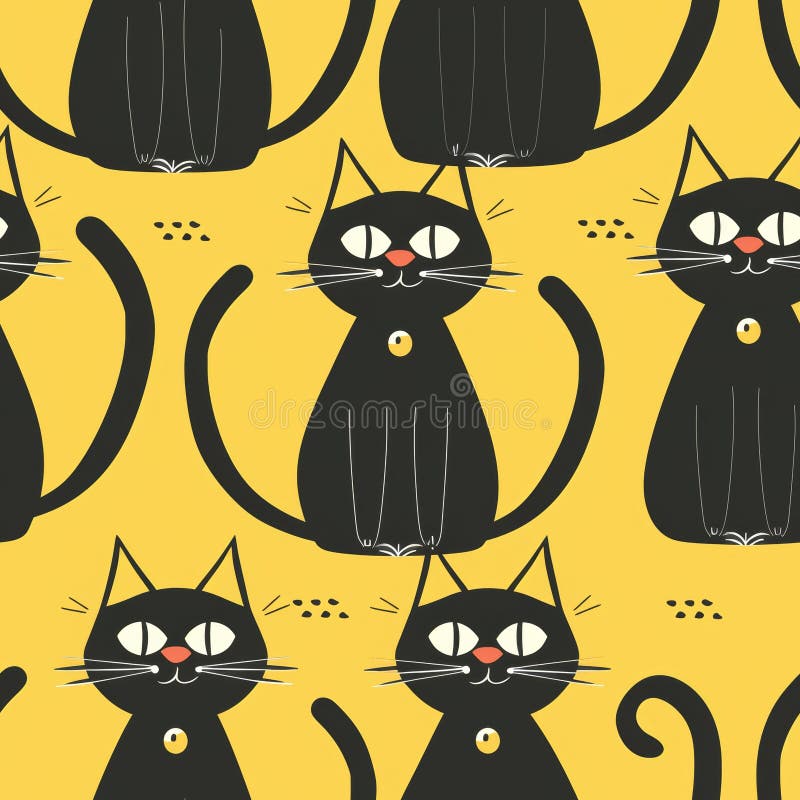 Bezszwowy wzór słodkich czarnych kotów na żółtym tle. zabawny projekt feline dla materiałów włókienniczych. ilustracji