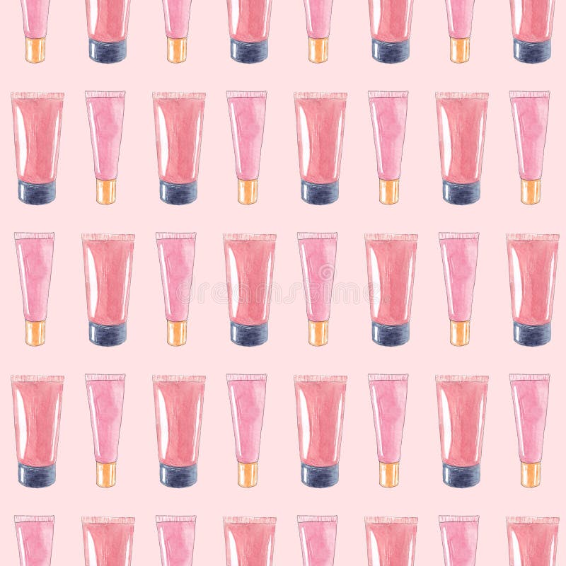 Hand drawn watercolor seamless square pattern with cosmetic and makeup products. Pink facial cream. Hand drawn watercolor seamless square pattern with cosmetic and makeup products. Pink facial cream