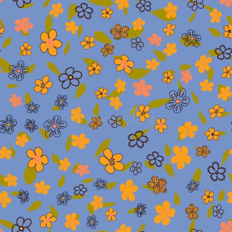 Seamless vector pattern with yellow and pink flowers, green leaves on a blue background. Texture for children&#x27;s textiles, women&#x27;s clothing, packaging, wrapping paper, wallpaper. Seamless vector pattern with yellow and pink flowers, green leaves on a blue background. Texture for children&#x27;s textiles, women&#x27;s clothing, packaging, wrapping paper, wallpaper.