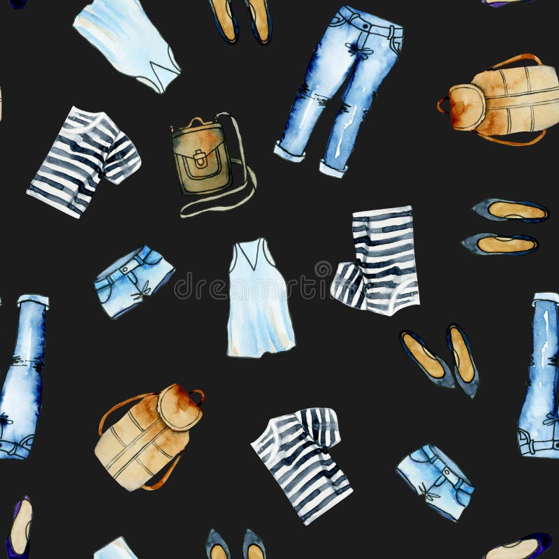 Seamless pattern with watercolor summer women`s clothing and bags, hand painted on a dark background. Seamless pattern with watercolor summer women`s clothing and bags, hand painted on a dark background