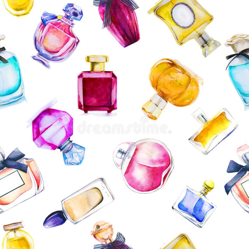 Seamless pattern with watercolor bottles of perfumes. Seamless pattern with watercolor bottles of perfumes