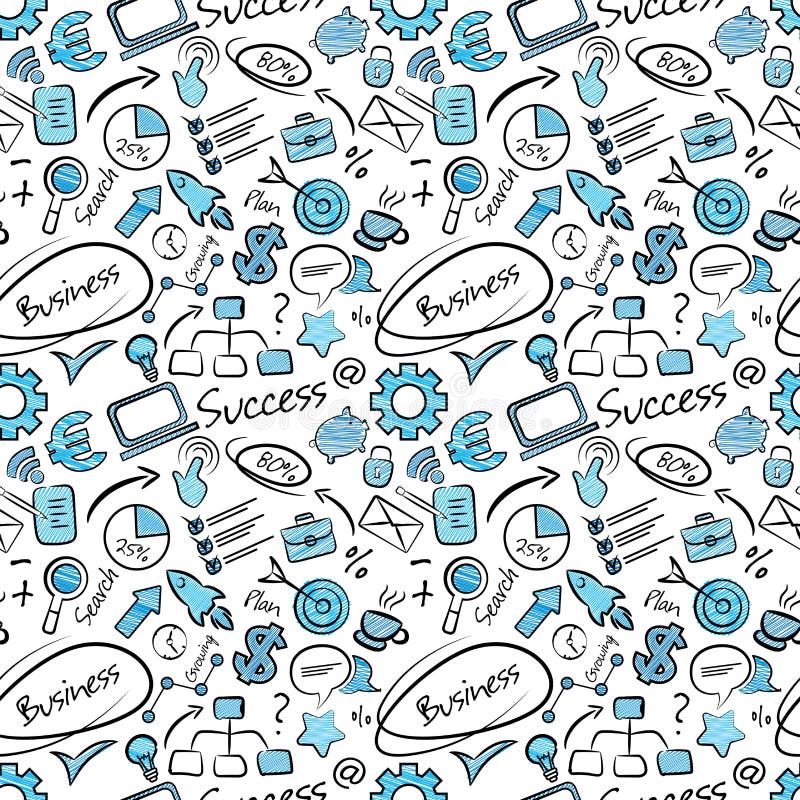 Bezszwowy wzór z biznesowymi ikonami w doodle stylu Śmieszna finansowa tekstura dla biura lub druku R?ka rysuj?ca bezszwowa tapet ilustracji Bezszwowy wzór z biznesowymi ikonami w doodle stylu Śmieszna finansowa tekstura dla biura lub druku R?ka rysuj?ca bezszwowa tapet ilustracji