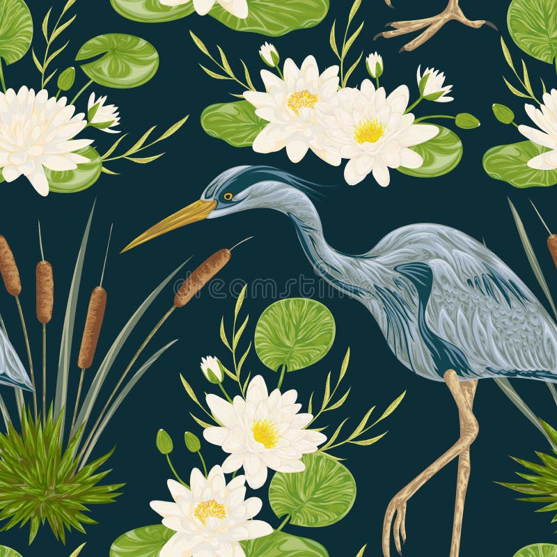 Bezszwowy wzór z czaplim ptakiem, wodną lelują i sitowiem, Bagno fauny i flory