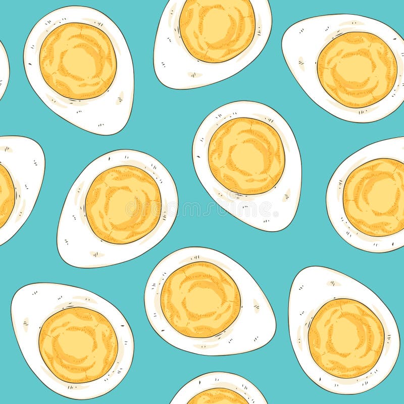 Seamless Pattern with Halfs of Boiled Eggs on a Turquoise Background. Seamless Pattern with Halfs of Boiled Eggs on a Turquoise Background
