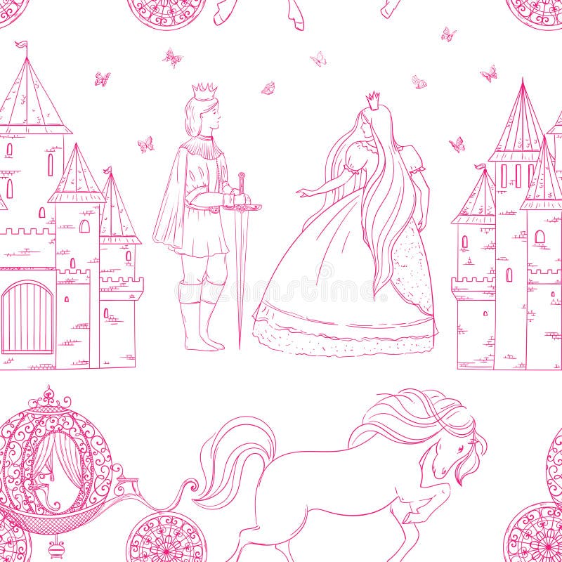 Bezszwowy wzór z książe, princess, kasztelem, frachtem z koniem i motylami, Bajka temat ilustracji