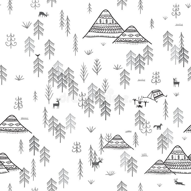 Bezszwowy wzór z lasowymi górami i campingiem royalty ilustracja Bezszwowy wzór z lasowymi górami i campingiem royalty ilustracja