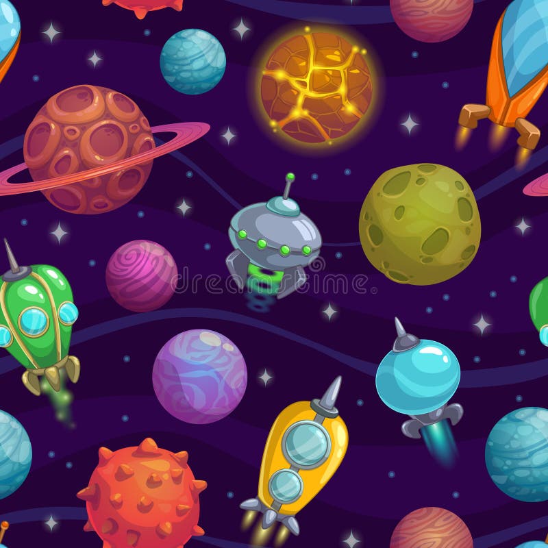 Bezszwowy wzór z planetami i astronautycznymi statkami ilustracji