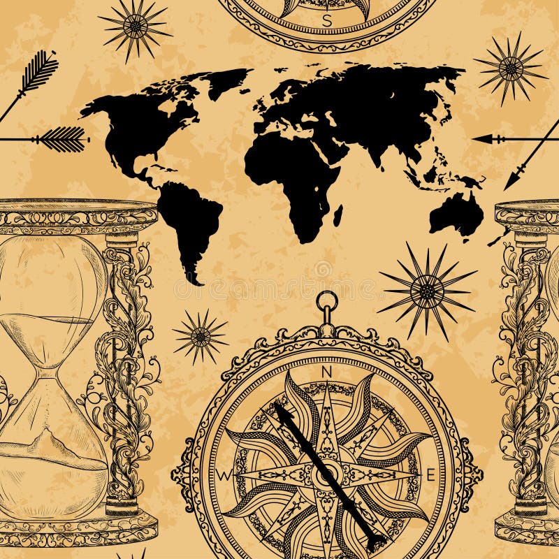 Bezszwowy wzór z rocznika hourglass, kompasem, światową mapą i wiatrem, wzrastał royalty ilustracja