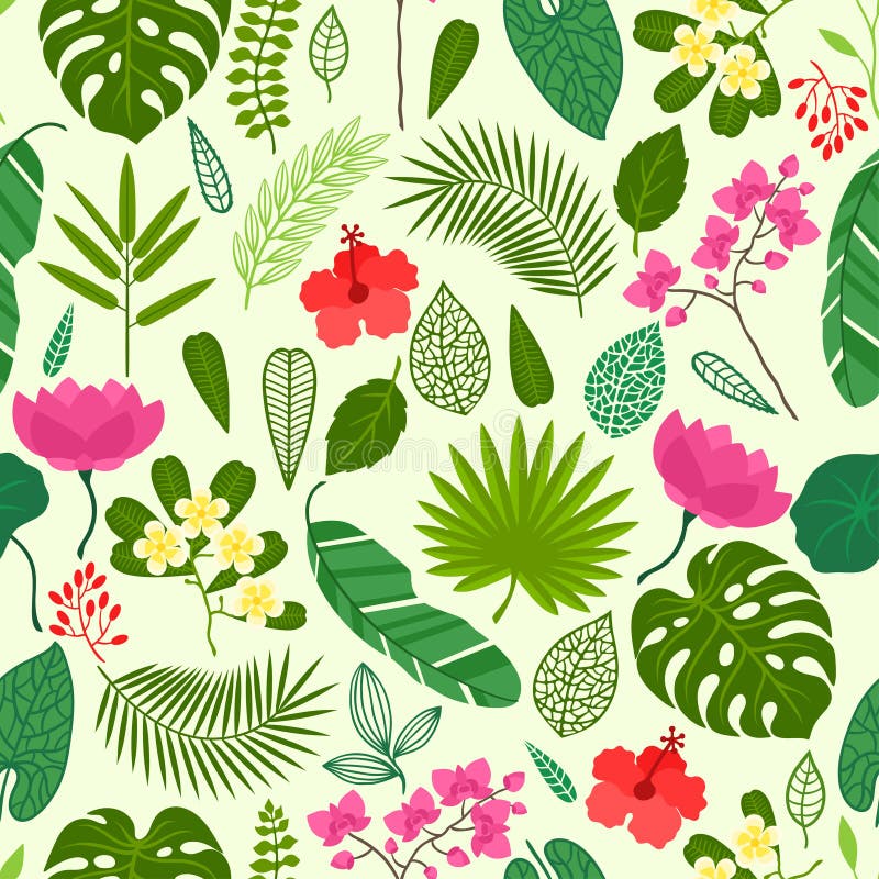 Bezszwowy wzór z tropikalnymi roślinami, liście i