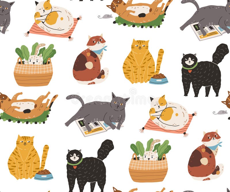 Bezszwowy wzór z ślicznymi śmiesznymi kotami śpi, myjący, rozciągający, bawić się, chuje T?o z uroczym ilustracja wektor Bezszwowy wzór z ślicznymi śmiesznymi kotami śpi, myjący, rozciągający, bawić się, chuje T?o z uroczym ilustracja wektor