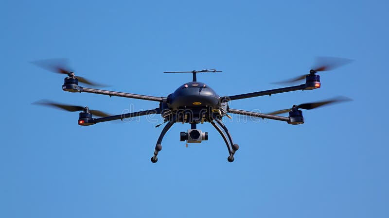 Bezzałogowy śmigłowiec do nadzoru nad dronem latający w celu obserwacji wywiadu wojskowego i zwiadu z automatyczną kamerą royalty ilustracja