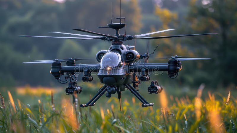 Bezzałogowy śmigłowiec do nadzoru nad dronem latający w celu obserwacji wywiadu wojskowego i zwiadu z automatyczną kamerą royalty ilustracja
