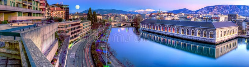 BFM, building and Rhone river by night with full moon, Geneva, Switzerland. Hdr bridge stock images, royalty-free photos and pictures