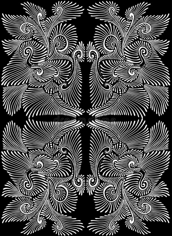 Bho myasty mandala blommar fantastisk elegant många ornamenterade vita färgkonturer isolerade på svart bakgrund royaltyfri illustrationer