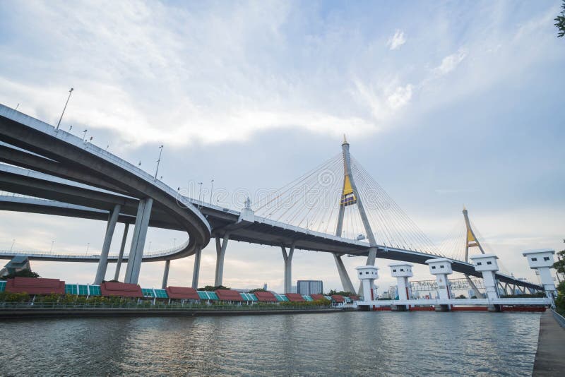 Bhumibol Bridge stock image. Image of construction, thailand - 155433025