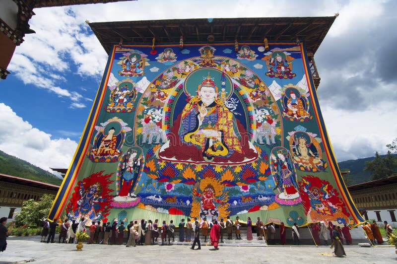 Bhutanese huge Guru Rinpoche Thangka , Trashi Chhoe Dzong , Thimphu , Bhutan