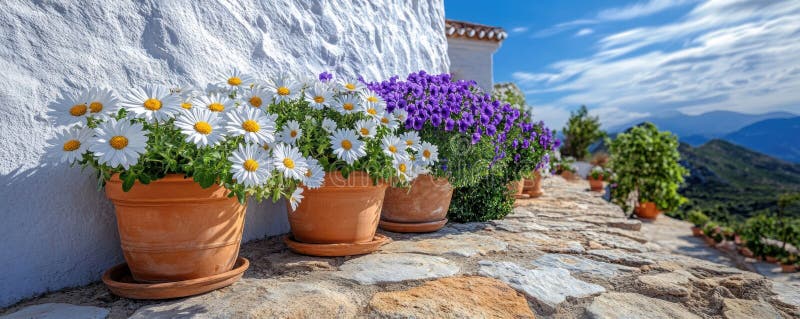 Bianche e petuni viola che fioriscono in pentole di terracotta lungo un muro di pietra che sovrasta una pittoresca valle di montag illustrazione di stock