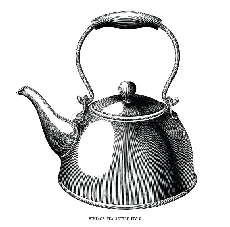 In bianco e nero d'annata dell'illustrazione dell'incisione di tiraggio della mano del bollitore di tè isolato su fondo bianco illustrazione vettoriale In bianco e nero d'annata dell'illustrazione dell'incisione di tiraggio della mano del bollitore di tè isolato su fondo bianco illustrazione vettoriale