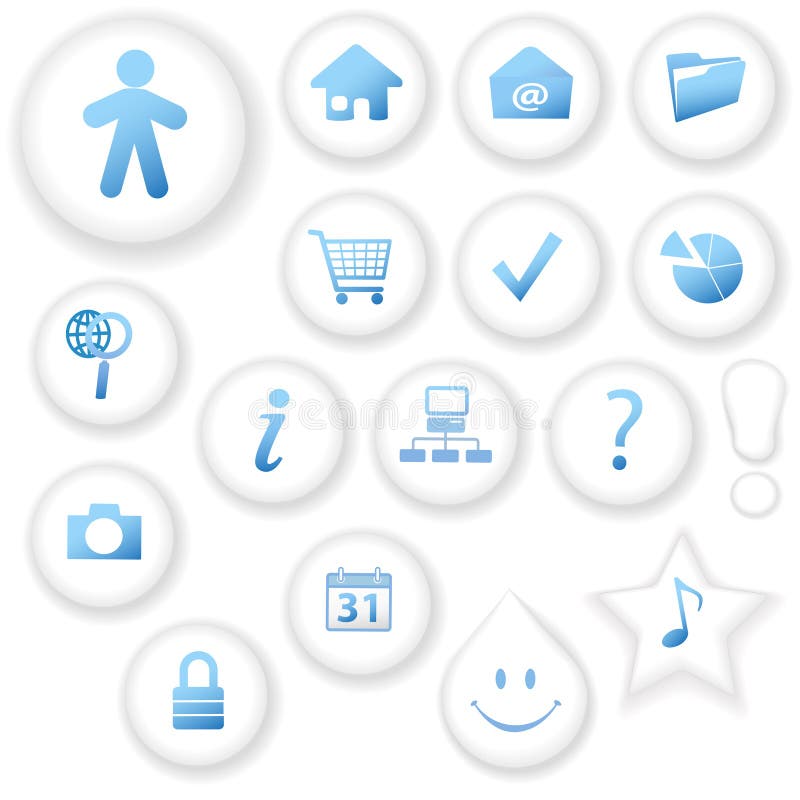Set of white Control Button Icons on white background, with drop shadows; internet web page navigation symbols. Set of white Control Button Icons on white background, with drop shadows; internet web page navigation symbols.