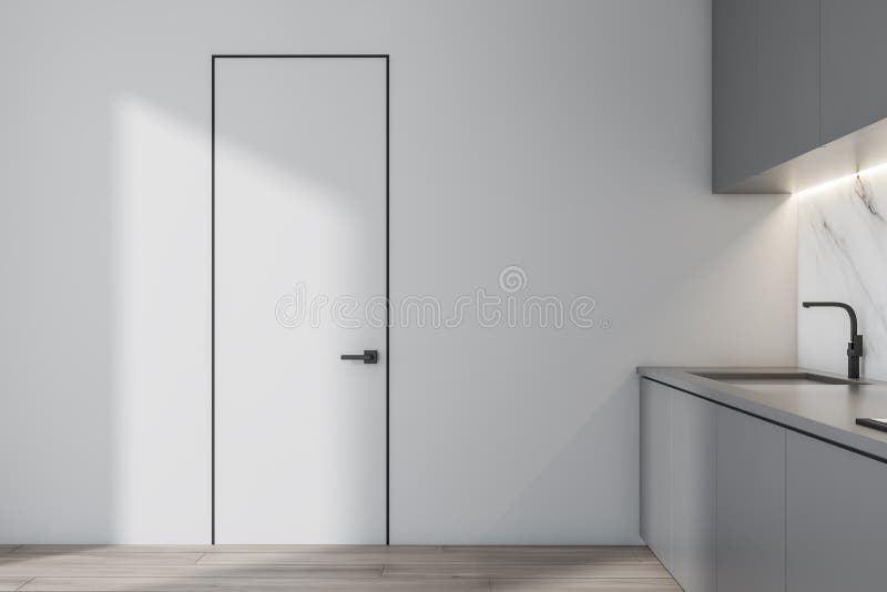 Biała kuchnia z szarymi countertops i drzwi ilustracji Biała kuchnia z szarymi countertops i drzwi ilustracji
