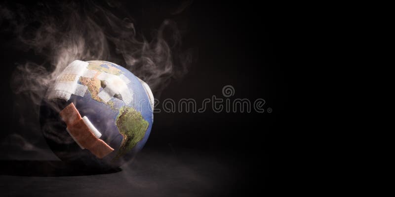 Biała pokrywa dymu na całym świecie pełna bandaży, ukazująca wpływ globalnego ocieplenia, zmian klimatu, zanieczyszczenia