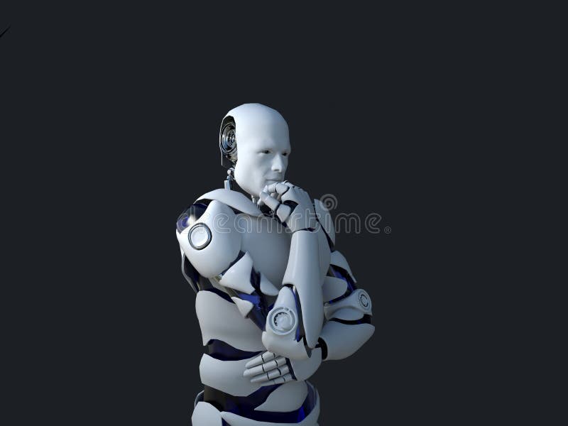 Biała robot technologia która myśleć i swój podbródek naprawdę technologia w przyszłości na czarnym tle, ilustracji Biała robot technologia która myśleć i swój podbródek naprawdę technologia w przyszłości na czarnym tle, ilustracji
