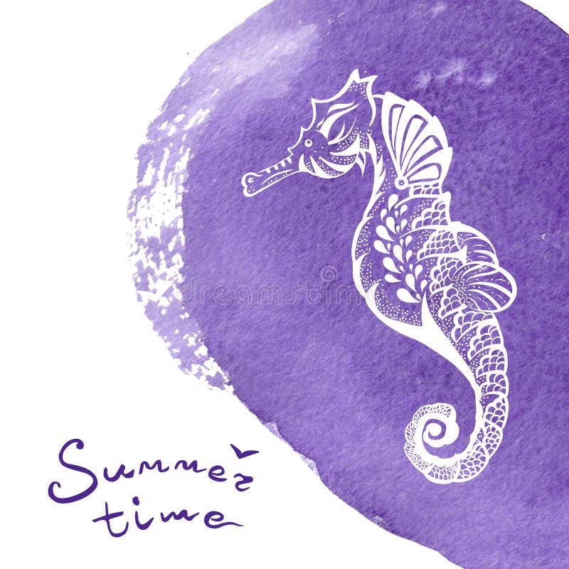 Biała ręka rysujący seahorse nad żywą fiołkową akwareli teksturą Morskiego życia nakreślenia zentangle projekt dla wakacje royalty ilustracja Biała ręka rysujący seahorse nad żywą fiołkową akwareli teksturą Morskiego życia nakreślenia zentangle projekt dla wakacje royalty ilustracja