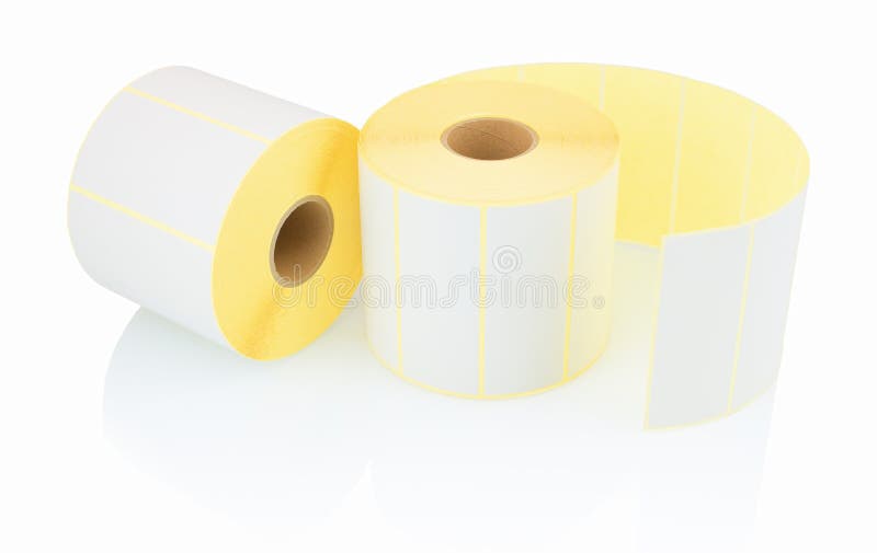 Białe etykietek rolki na białym tle z cienia odbiciem Białe rolki etykietki dla drukarek