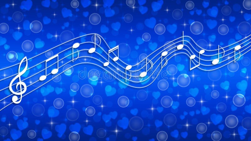 Illustration of white music notes flowing on curved stave in blue gradient background with hearts, bubbles, bokeh and sparkles texture for banner, backdrop, brochure template or poster. Illustration of white music notes flowing on curved stave in blue gradient background with hearts, bubbles, bokeh and sparkles texture for banner, backdrop, brochure template or poster.